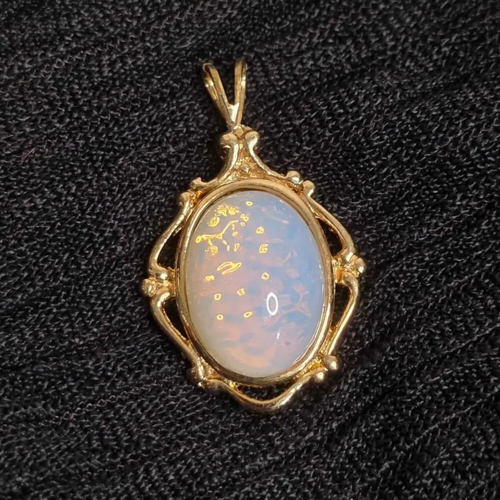 Vintage Faux Opal Pendant Gold Tone Necklace Charm Ethereal Coquette Fairy